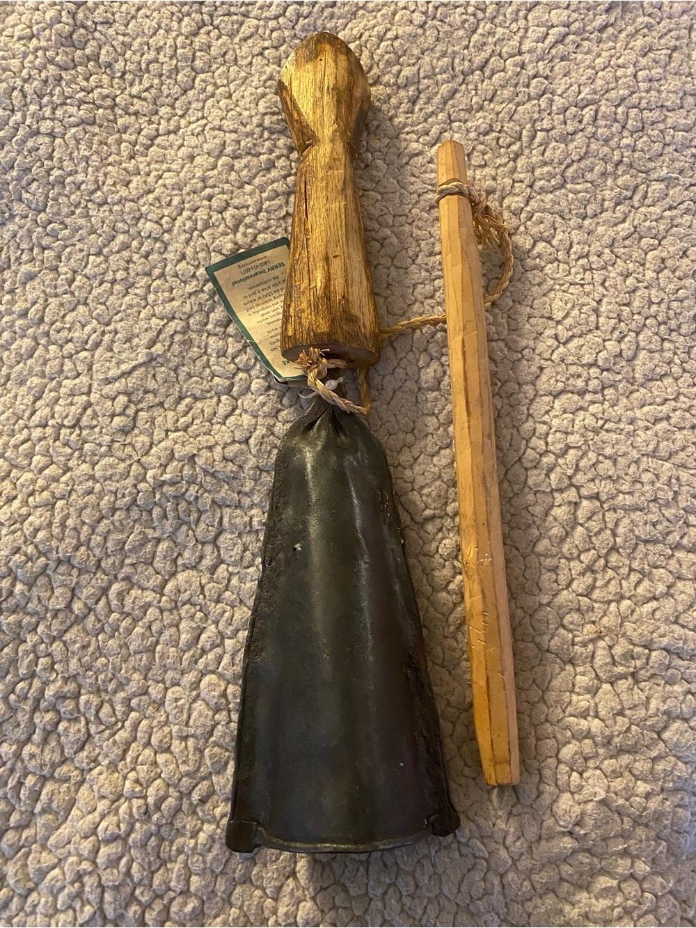 Handmade Cameroon Rustic Black Metal Bell with Natural Wood Handle - Home Accent